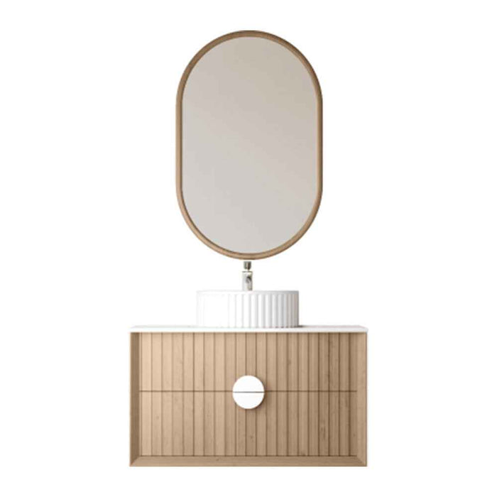 900mm Sunny BPA MDF Cabinet With Handle With Sintered Stone Top With Flutted Ceramic Basin With Silver Mirror Wall Hung Vanity