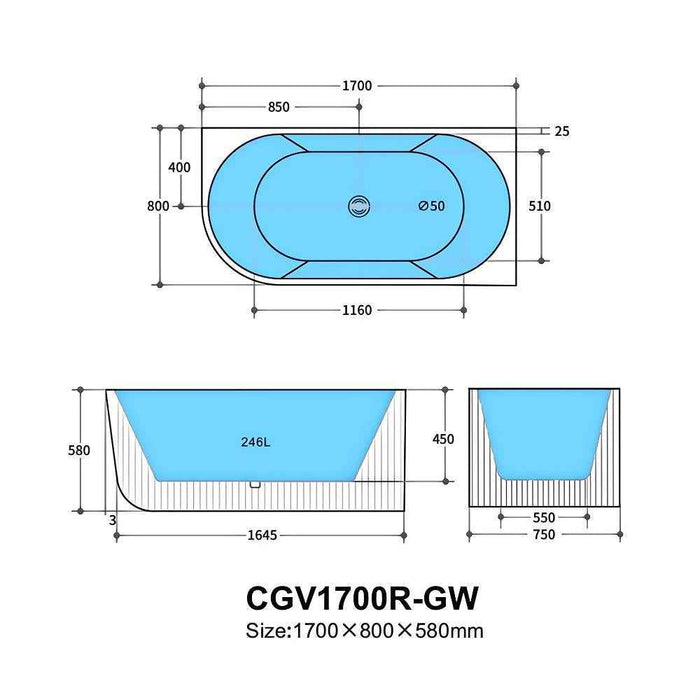 1500-1700*800*580mm Poseidon Capri Gloss White/Matt White/Matt Black Oval Fluted Acrylic Corner Back Bathtub