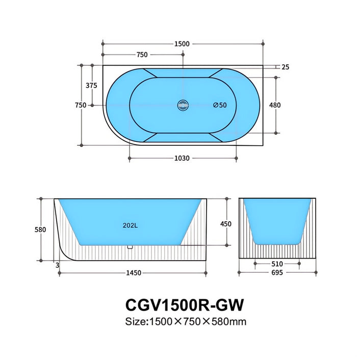 1500-1700*800*580mm Poseidon Capri Gloss White/Matt White/Matt Black Oval Fluted Acrylic Corner Back Bathtub