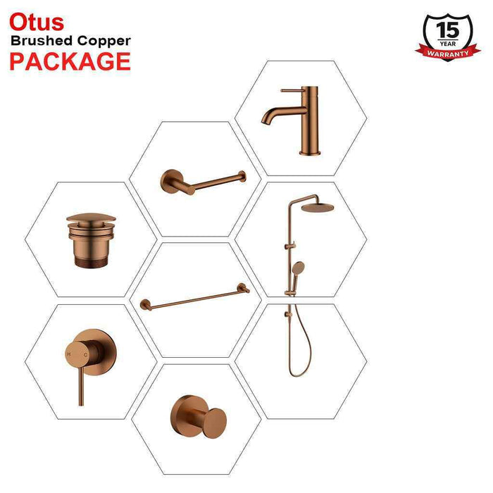 Complete Brushed Copper Round Essential Bathroom Package - Tapware, Shower Set & Accessories
