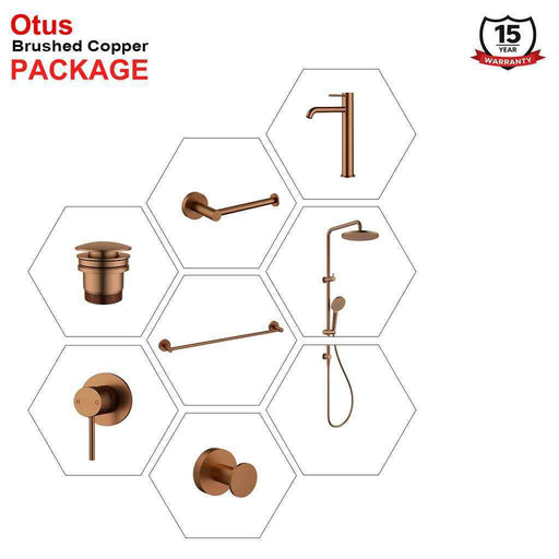 Complete Brushed Copper Round Essential Bathroom Package - Tapware, Shower Set & Accessories