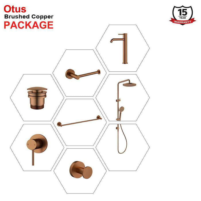 Complete Brushed Copper Round Essential Bathroom Package - Tapware, Shower Set & Accessories