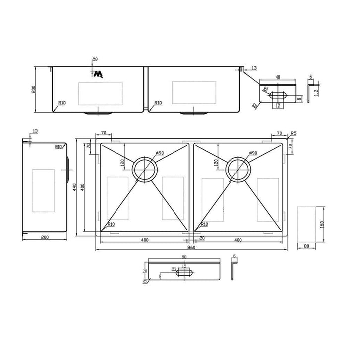 860*440*200*1.2mm MN Stainless Steel Copper Round Corner Double Bowl Top Mount or Undermount PVD Sink