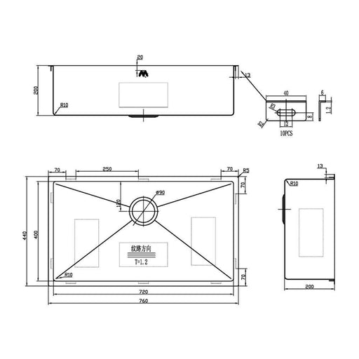760*440*200*1.2mm MN Stainless Steel Light Gold Round Corner Single Bowl Top Mount or Undermount PVD Sink