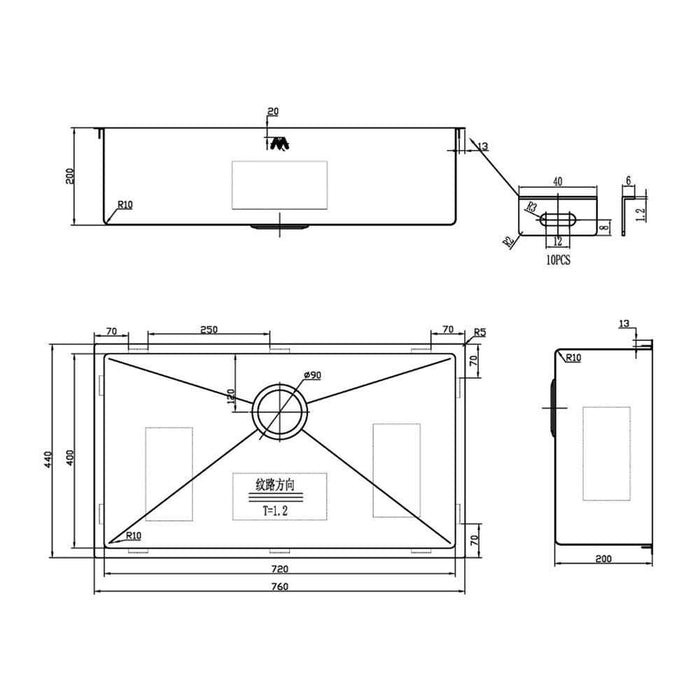 760*440*200*1.2mm MN Stainless Steel Light Gold Round Corner Single Bowl Top Mount or Undermount PVD Sink