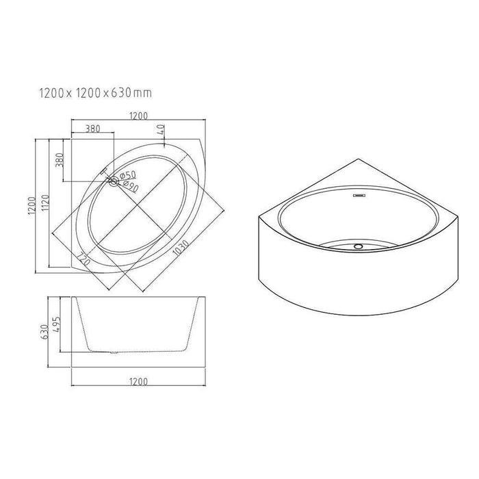 1000/1200*630mm Mercio Stanford Gloss White Acrylic With Overflow Triangle Corner Bathtub