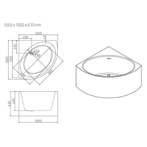 1000/1200*630mm Mercio Stanford Gloss White Acrylic With Overflow Triangle Corner Bathtub