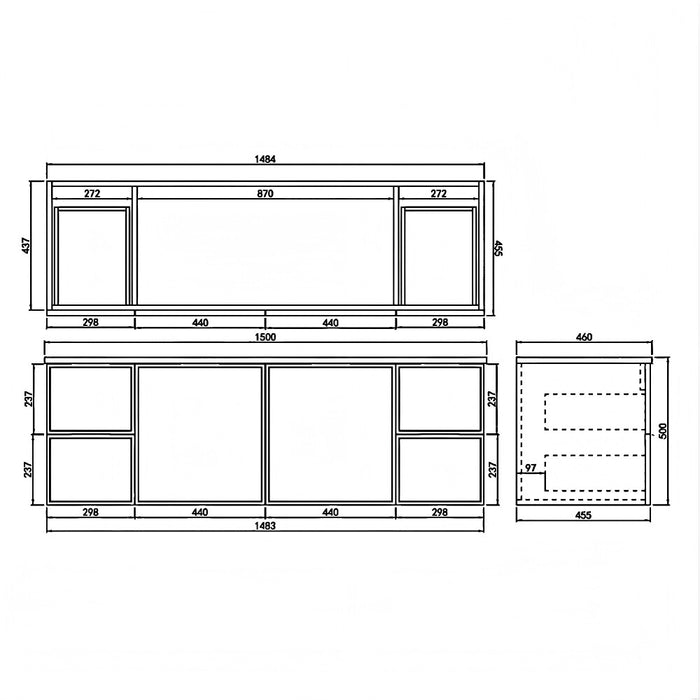 600-1500*455*480mm Poseidon Miami Matt Black PVC Finger Pull Handle Bathroom Wall Hung Vanity