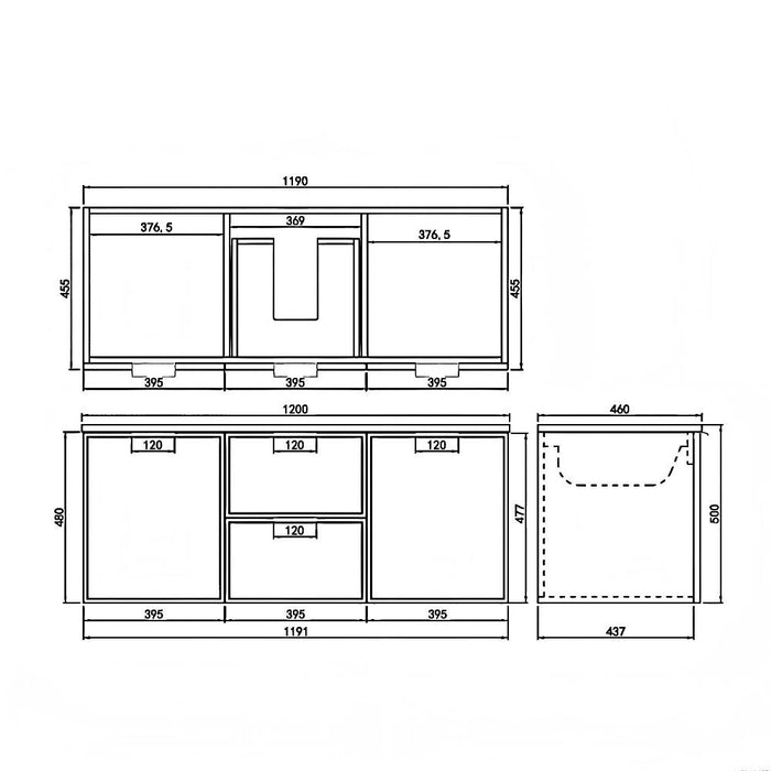 600-1500*455*480mm Poseidon Miami Matt Black PVC Finger Pull Handle Bathroom Wall Hung Vanity