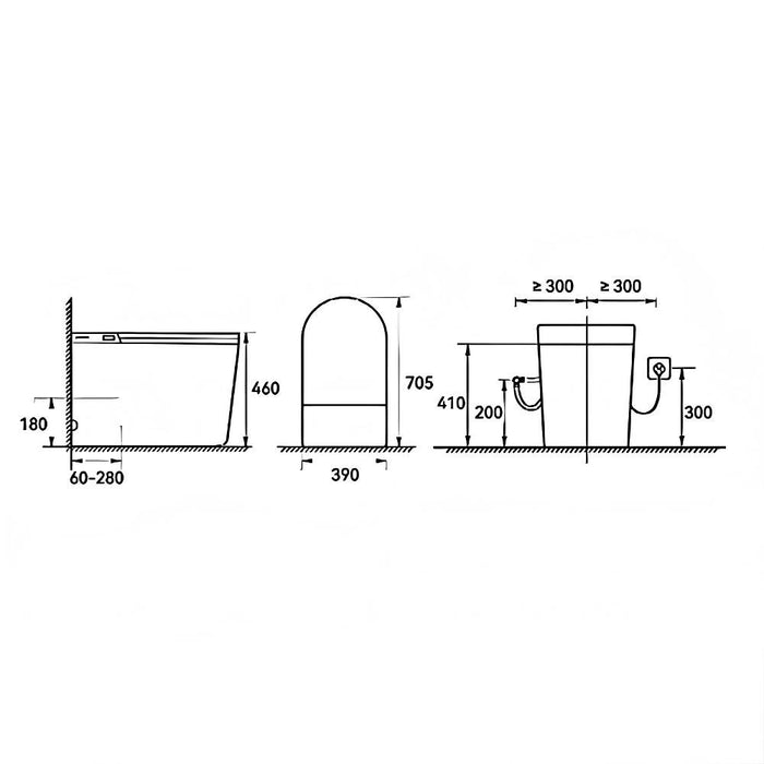 705*390*460mm Poseidon Byron Tornado One-Piece Ceramic Remote Control Wall Faced Smart Toilet