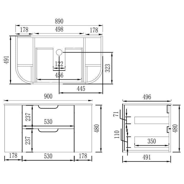 750-1500*493*480mm Poseidon VITO Calvo Classic Oak PVC Curved Wall Hung Vanity