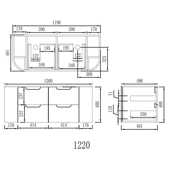 750-1500*493*480mm Poseidon VITO Calvo Classic Oak PVC Curved Wall Hung Vanity