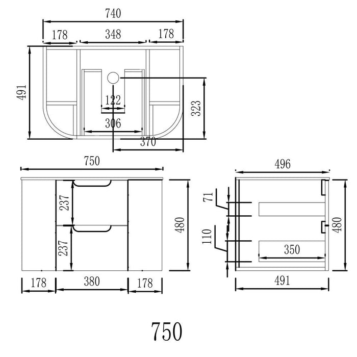 750-1500*493*480mm Poseidon VITO Calvo Classic Oak PVC Curved Wall Hung Vanity