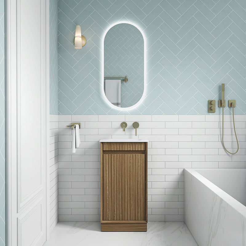 450*300*840mm Aulic Ravia Harvest Oak Plywood Fluted Mini Freestanding Vanity