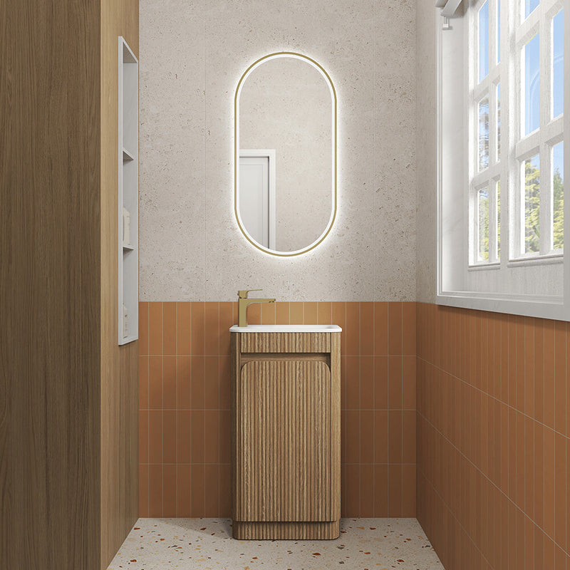 450*300*840mm Aulic Hartelle Harvest Oak Plywood Fluted Curved Mini Freestanding Vanity