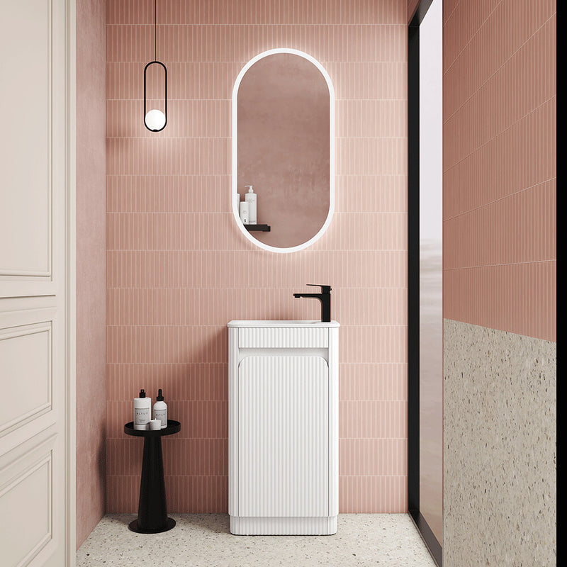 450*300*840mm Aulic Hartelle Matt White Plywood Fluted Curved Mini Freestanding Vanity