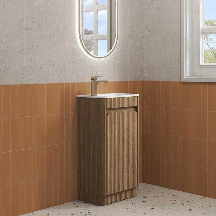 450*300*840mm Aulic Hartelle Harvest Oak Plywood Fluted Curved Mini Freestanding Vanity