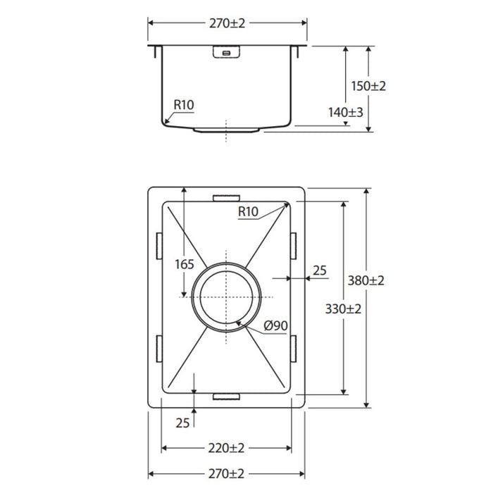 270*380*140mm Fienza Hana 10L PVD Brushed Copper Stainless Steel Single Bowl Kitchen Sink