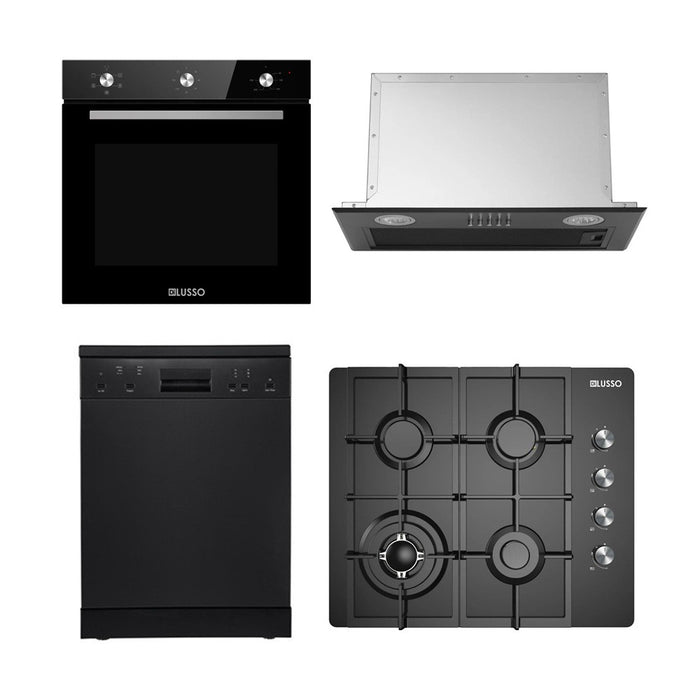 600mm Dilusso Black Oven + Gas Cooktop + Concealed Rangehood + Dishwasher Kitchen Appliance Package