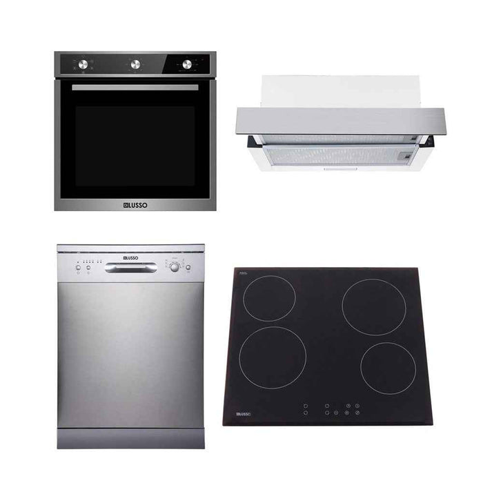 600mm Dilusso Stainless Oven + Ceramic Cooktop + Telescopic Rangehood + Dishwasher Kitchen Appliance Package