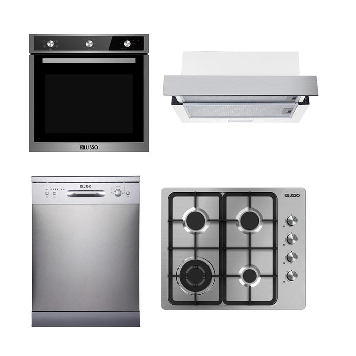 600mm Dilusso Stainless Oven + Gas Cooktop + Telescopic Rangehood + Dishwasher Kitchen Appliance Package