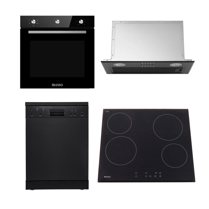 600mm Dilusso Black Oven + Ceramic Cooktop + Concealed Rangehood + Dishwasher Kitchen Appliance Package