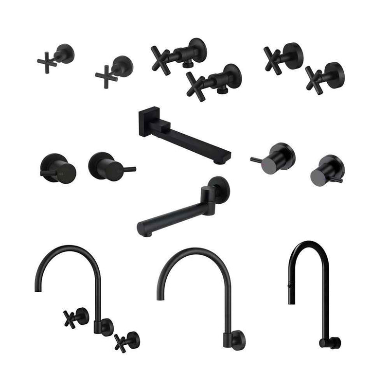 Matt Black Bathroom Tapware Range - Wall Top Assemblies, Washing Machine Stops & Wall Spout
