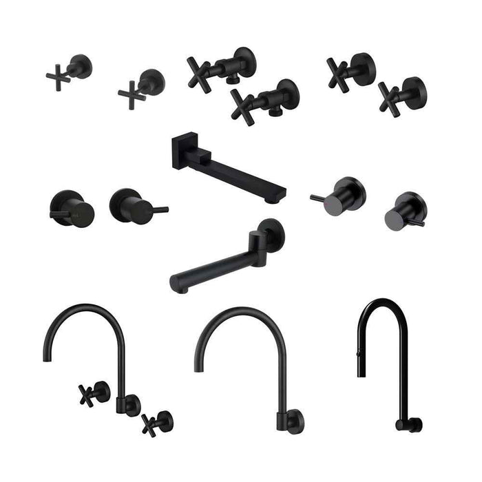 Matt Black Bathroom Tapware Range - Wall Top Assemblies, Washing Machine Stops & Wall Spout