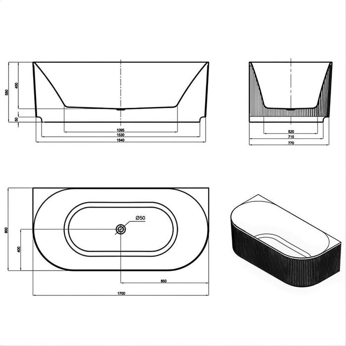 1500-1700*800*580mm Otti Attica Havana Oval Acrylic With Overflow Fluted Back To Wall Bathtub