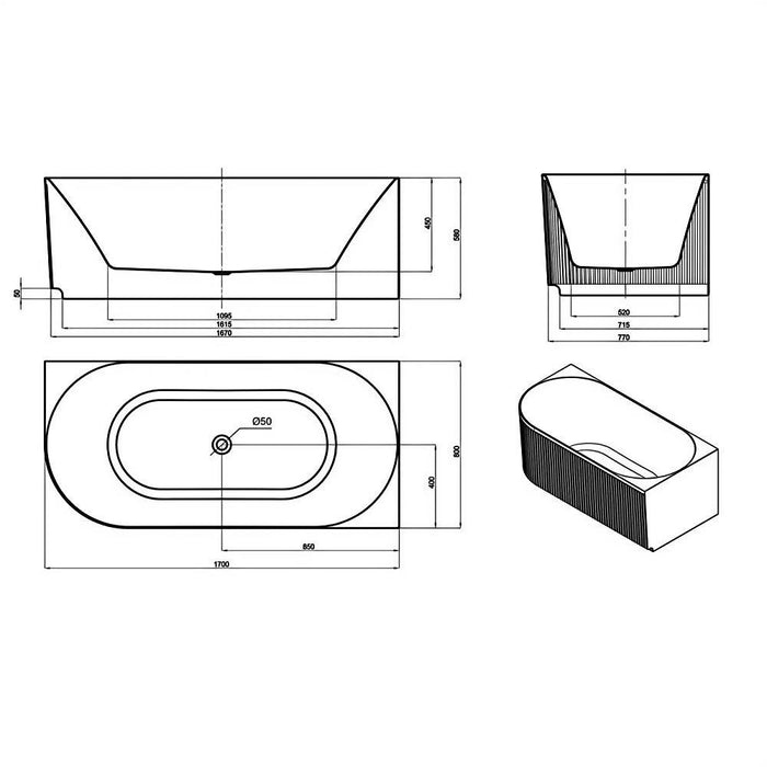 1500-1700*800*580mm Otti Attica Havana Oval Acrylic With Overflow Fluted Corner Bathtub