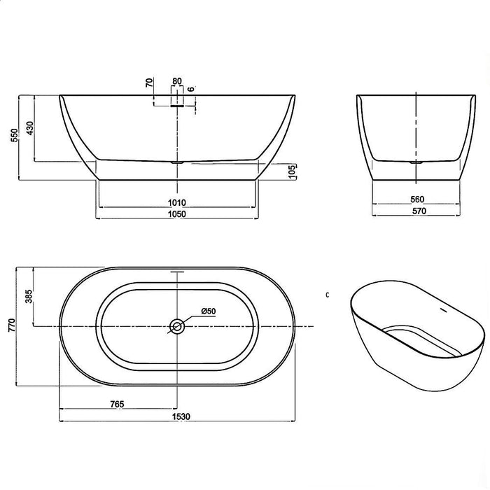 1500-1700*800*550mm Otti Attica Manolo Oval Acrylic With Overflow Freestanding Bathtub