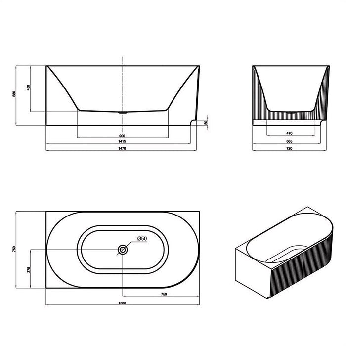 1500-1700*800*580mm Otti Attica Havana Oval Acrylic With Overflow Fluted Corner Bathtub