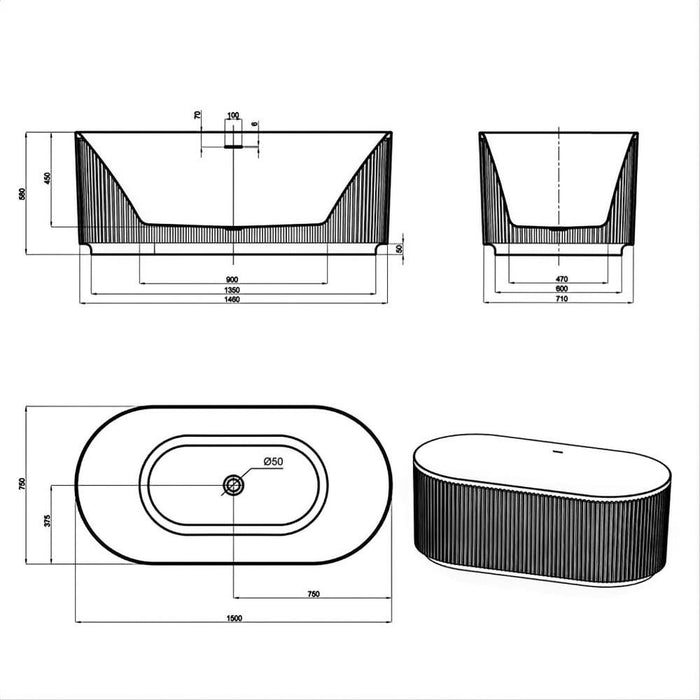 1500-1700*800*580mm Otti Attica Havana Oval Acrylic With Overflow Fluted Freestanding Bathtub