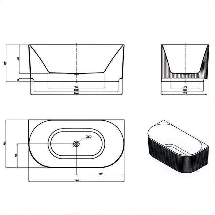 1500-1700*800*580mm Otti Attica Havana Oval Acrylic With Overflow Fluted Back To Wall Bathtub