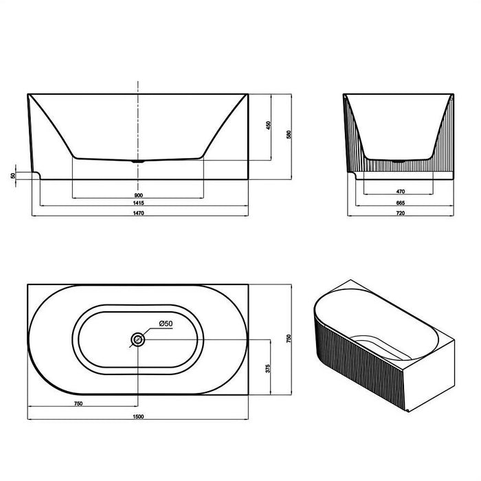 1500-1700*800*580mm Otti Attica Havana Oval Acrylic With Overflow Fluted Corner Bathtub
