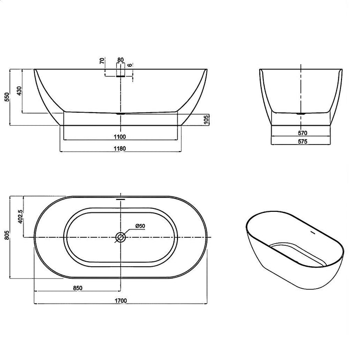 1500-1700*800*550mm Otti Attica Manolo Oval Acrylic With Overflow Freestanding Bathtub