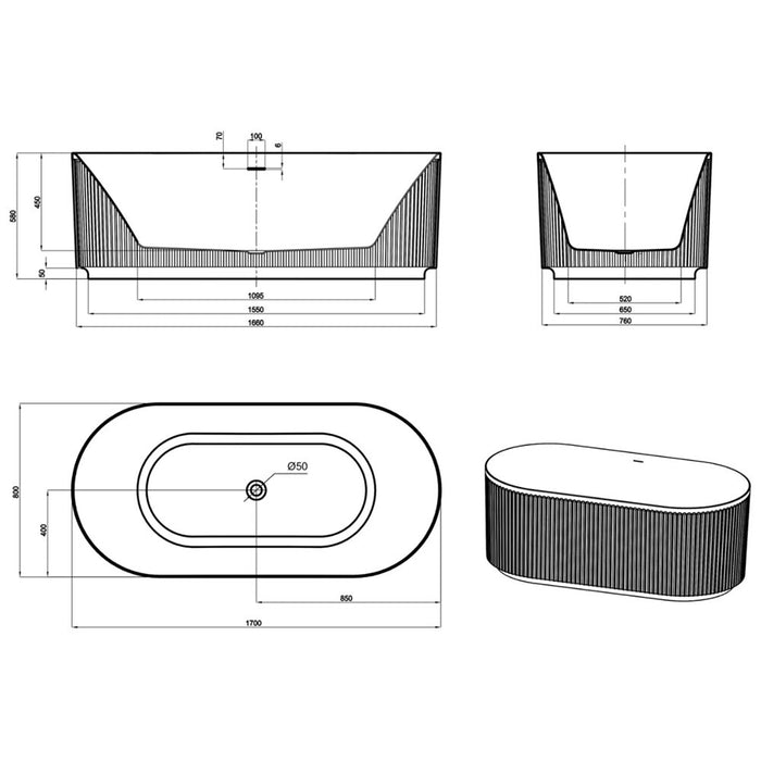 1500-1700*800*580mm Otti Attica Havana Oval Acrylic With Overflow Fluted Freestanding Bathtub