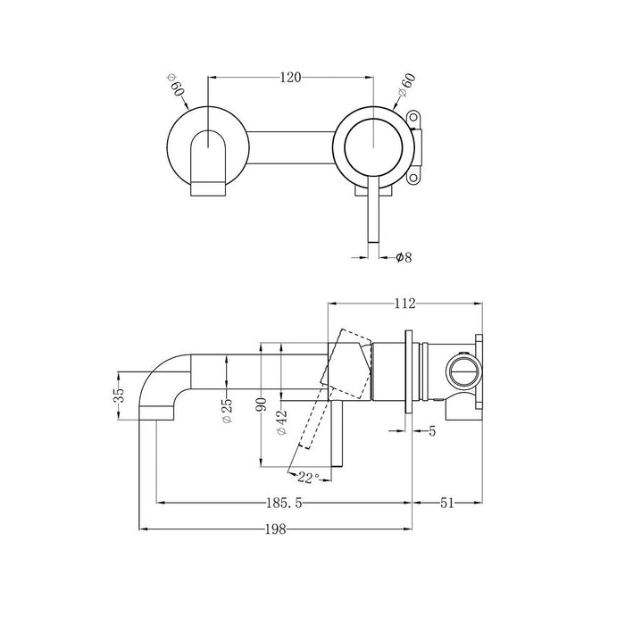 185mm Nero Zen 316L Stainless Steel Separate Back Plate Wall Basin/Bath Mixer