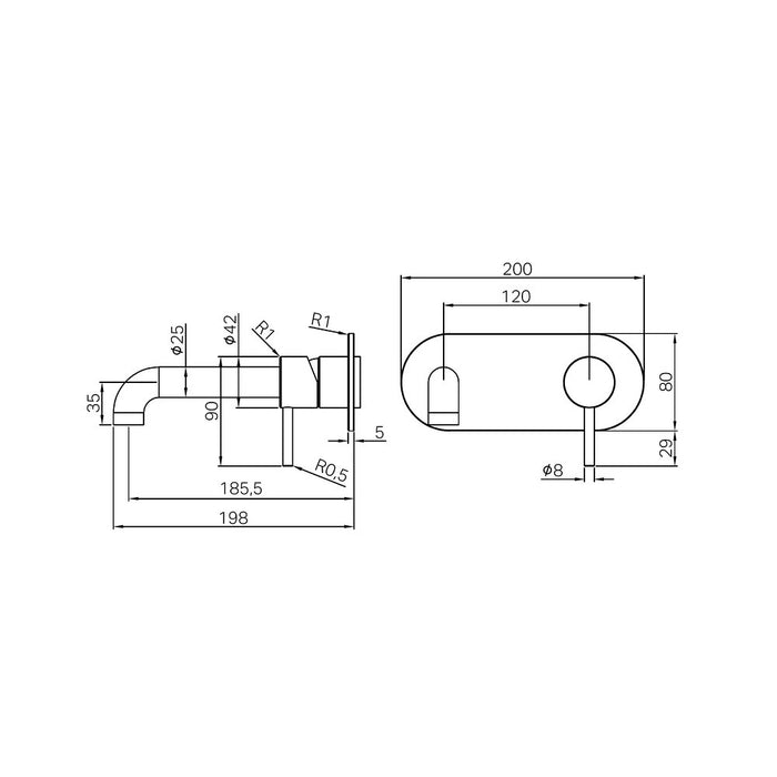 185mm Nero Zen 316L Stainless Steel Wall Basin/Bath Mixer