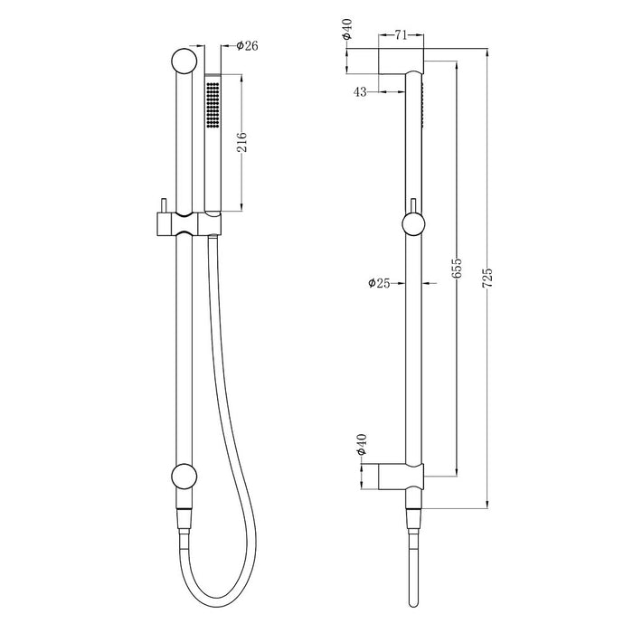 725mm Nero Zen SS316L Round Rail Shower With Outdoor Shower Hose