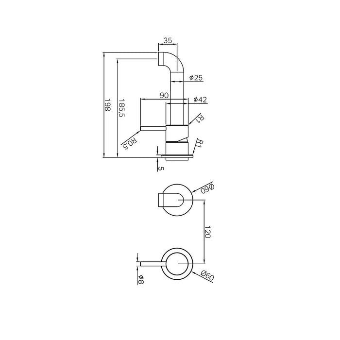 185mm Nero Zen 316L Stainless Steel Separate Back Plate Wall Basin/Bath Mixer
