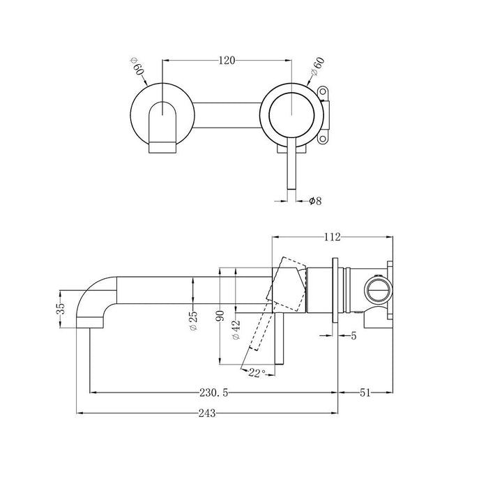 230mm Nero Zen 316L Stainless Steel Separate Back Plate Wall Basin/Bath Mixer