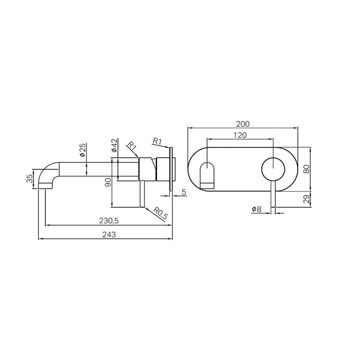 230mm Nero Zen 316L Stainless Steel Wall Basin/Bath Mixer