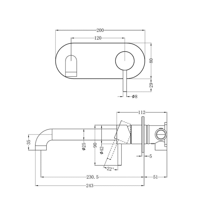 230mm Nero Zen 316L Stainless Steel Wall Basin/Bath Mixer