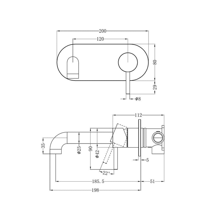 185mm Nero Zen 316L Stainless Steel Wall Basin/Bath Mixer