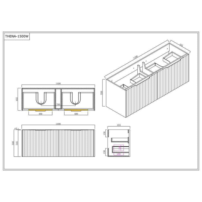 600-1500*455*830mm Infinity Thena White High-Moisture Resistant Plywood Fluted Wall Hung Bathroom Vanity