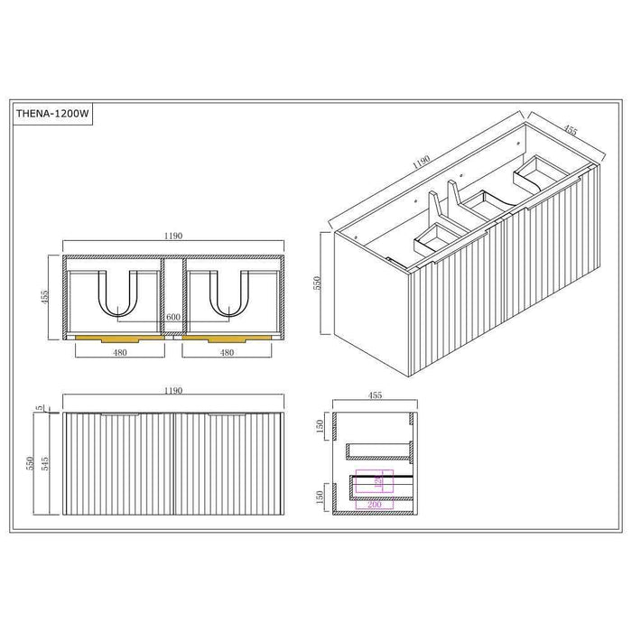 600-1500*455*830mm Infinity Thena White High-Moisture Resistant Plywood Fluted Wall Hung Bathroom Vanity