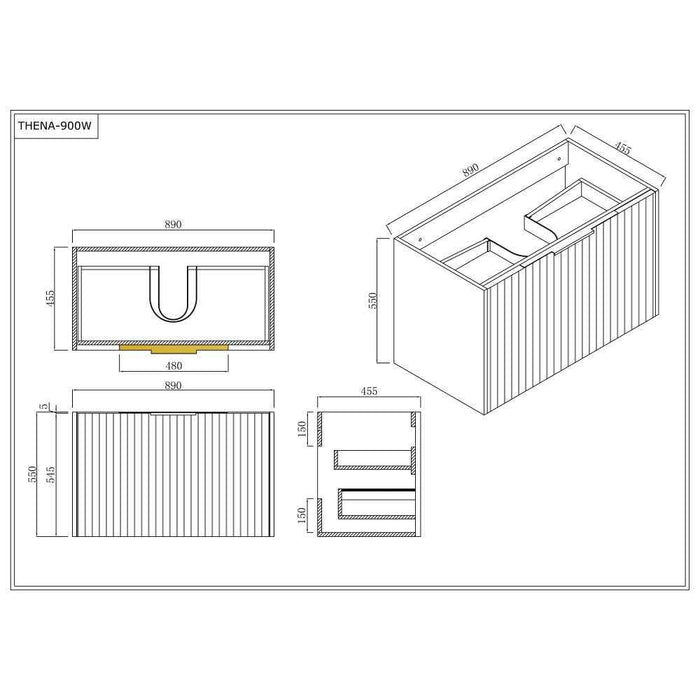 600-1500*455*830mm Infinity Thena White High-Moisture Resistant Plywood Fluted Wall Hung Bathroom Vanity