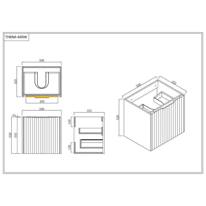 600-1500*455*830mm Infinity Thena White High-Moisture Resistant Plywood Fluted Wall Hung Bathroom Vanity