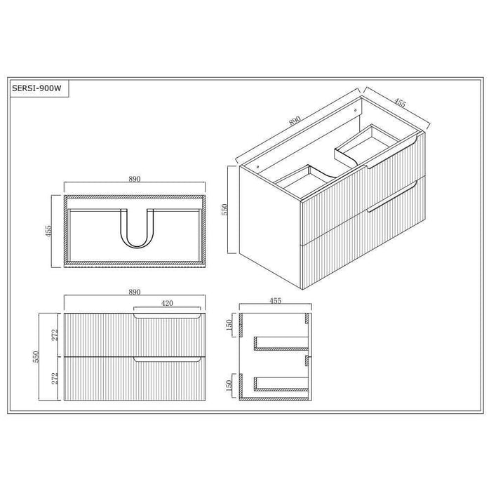 600-1500*455*830mm Infinity Sersi White High-Moisture Resistant Plywood Fluted Wall Hung Bathroom Vanity